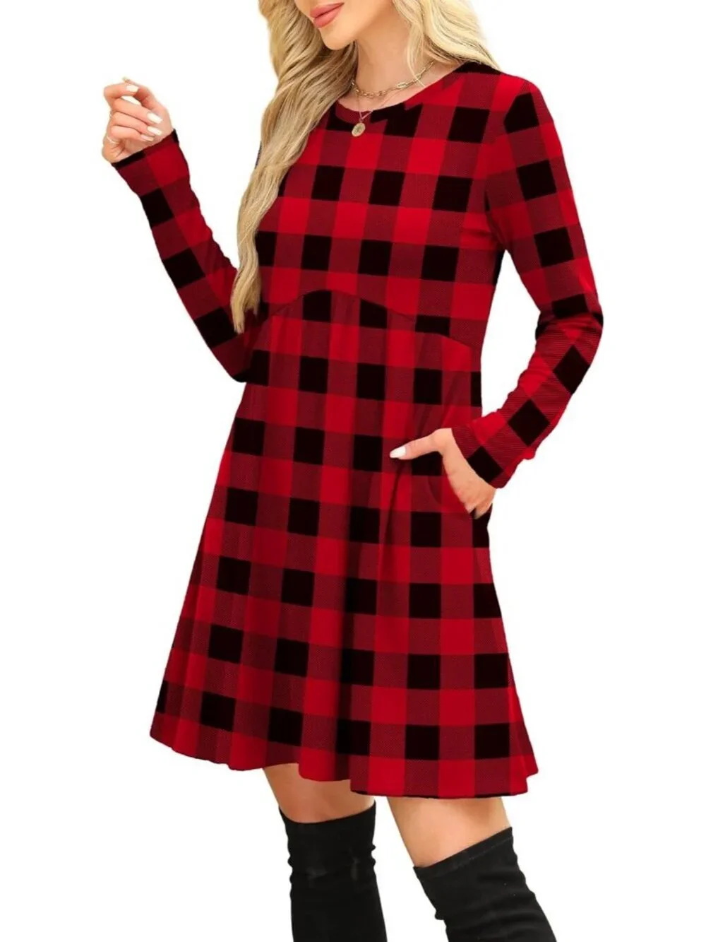 Women's Dark Red Plaid Sleeve Comfort Crew Neck Empire Waist Tunic Mini Dress - Picture 4 of 5